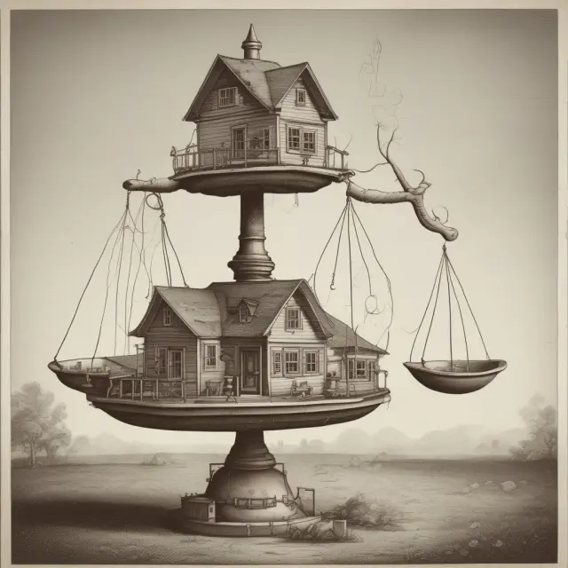 An intellectual capital measurement balance scale with a house structure, symbolizing the use of tools like the balanced scorecard and Skandia model to assess elusive intangible assets.