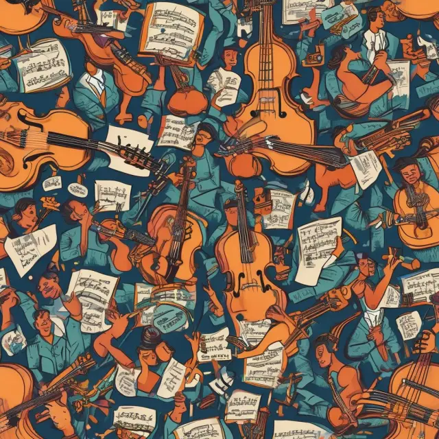 An orchestra symbolizing human, relationship, and structural capital in business. Diverse musicians play instruments representing knowledge and innovation.