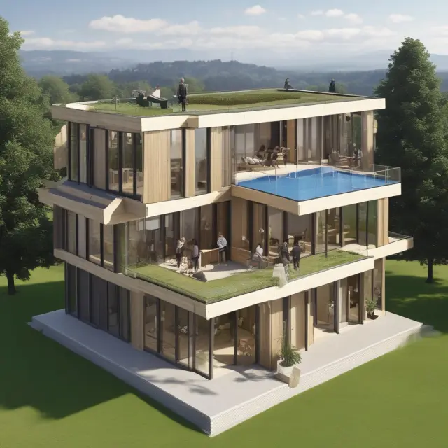 A stylized Skandia house with interconnected perspectives representing Financial Focus, Customer Focus & Process, Human Focus, and Renewable Development Focus