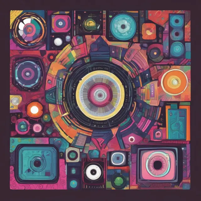 An image of a colorful kaleidoscope representing moving images, text bubbles depicting digital text, a projector for video, and an audio speaker