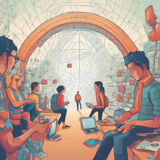 A stylized bridge with people on both sides representing interaction, connecting domains of communication, education, networking, and life