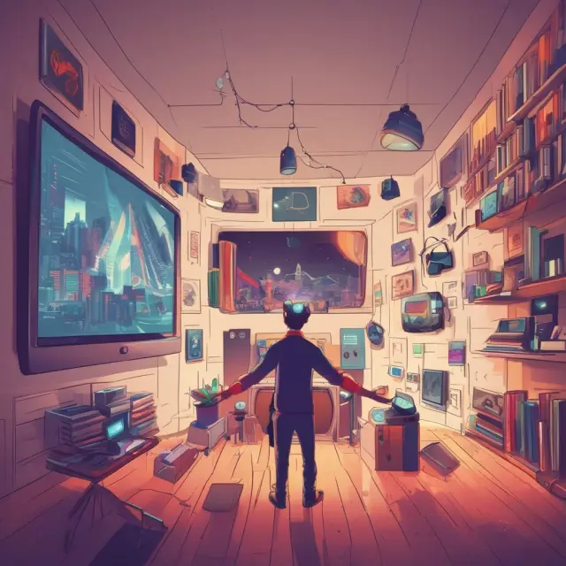 Image depicting interactive media milestones, starting with Six Degrees and ending with Virtual Reality.
