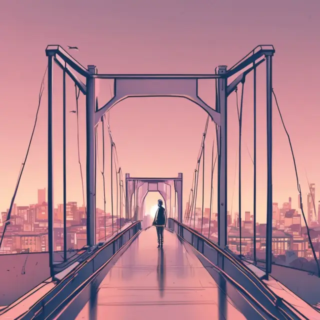 A vivid image of a bridge made from interconnected media devices, symbolizing interactive media