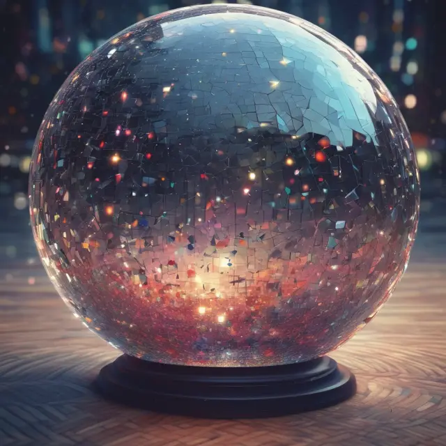 Crystal ball brimming with pixels signifying the future of interactive media: VR, AR, AI, blockchain, and 5G