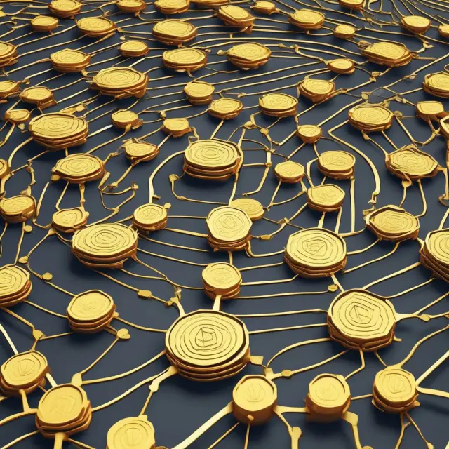 Gold coins flowing between banks in an intricate interconnected network, illustrating interbank transactions for liquidity management and regulatory compliance.