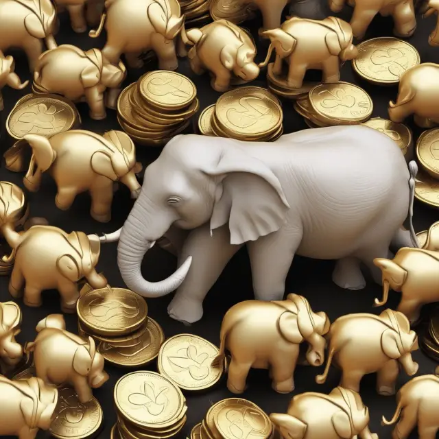 Institutional investors using interbank deposits as a tool for financial growth: Elephants cultivating gold coins symbolize investment diversification, short-term liquidity, and regulatory compliance