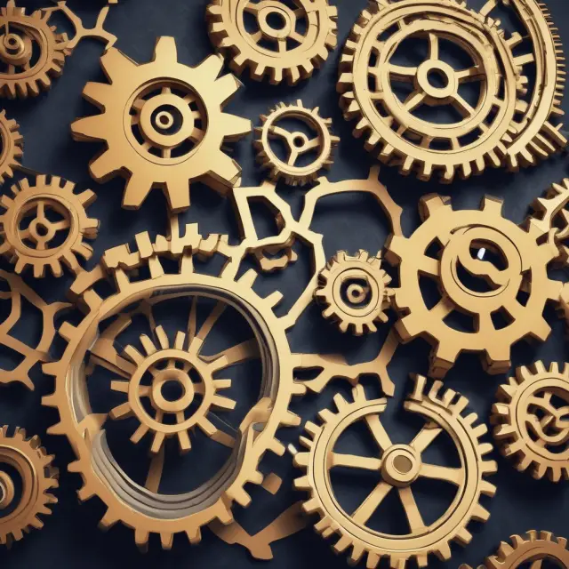 An intricate gear system depicting interbank market players including market makers, central banks, brokers, and other firms working together