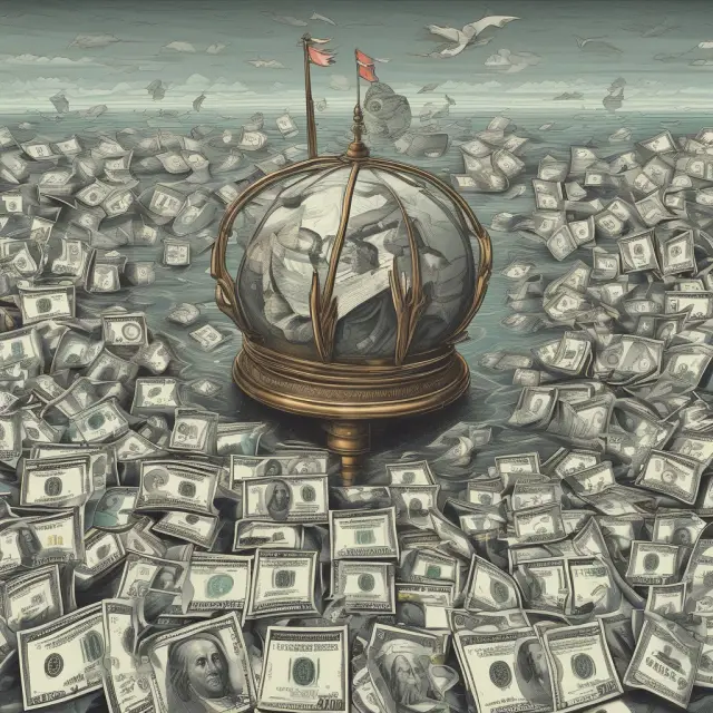 A scene showing banks as weathervanes amidst a vast ocean of interlinked currency symbols. One bank represents speculative transactions, while the other symbolizes hedging to maintain balance