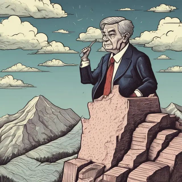 A Fed chair stands on a mountain of interbank rate charts, meticulously adjusting the target to influence economic conditions.