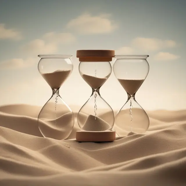 Two hourglasses connected by a bridge, one filled with fixed-rate sand, the other with floating-rate. Symbolizing an interest rate swap exchange.