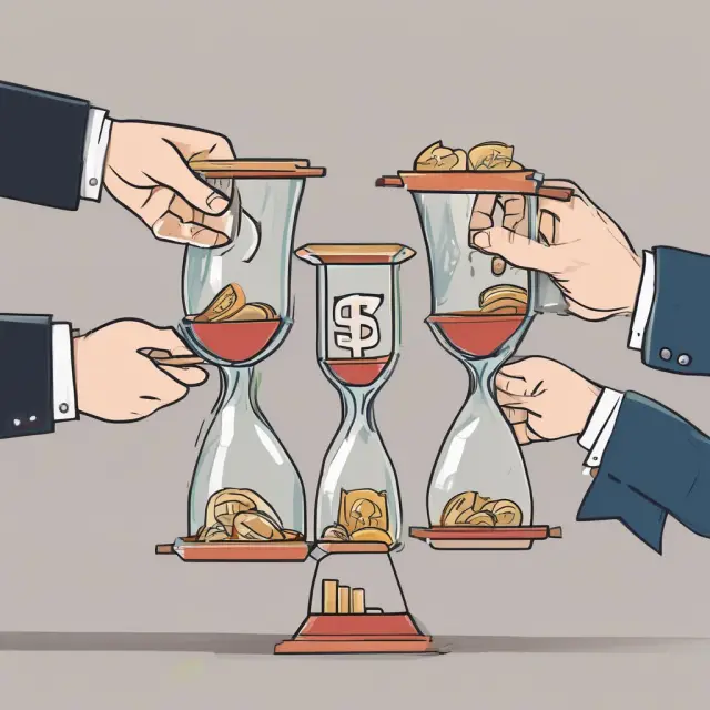 Two hands exchanging hourglasses filled with currency, representing interest rate swaps.