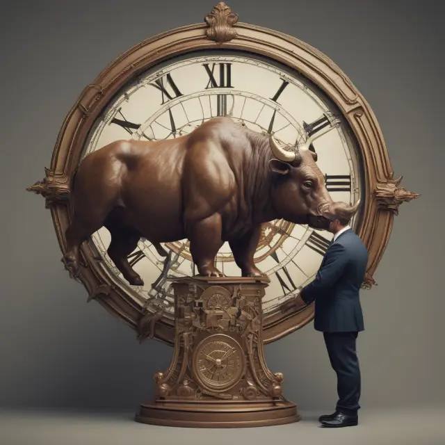Bull and bear assessing a clock mechanism representing modified duration