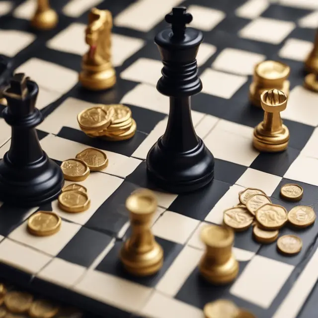 Golden coins on a chessboard symbolize interest rate call and put options. Knights represent rising interest rates with calls, while bishops depict falling interest rates in puts.