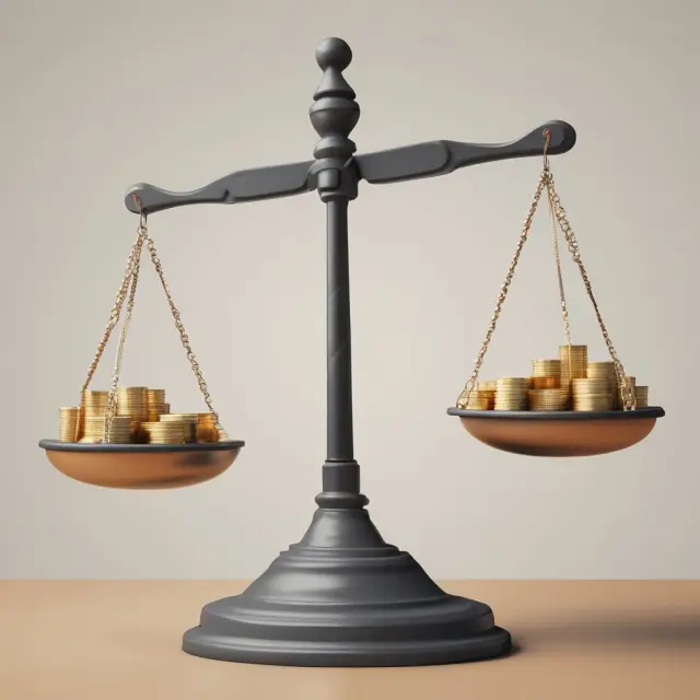 A balance scale with earnings (gold coins) and interest payments (silver coins), emphasizing the importance of a high interest coverage ratio for creditworthiness.