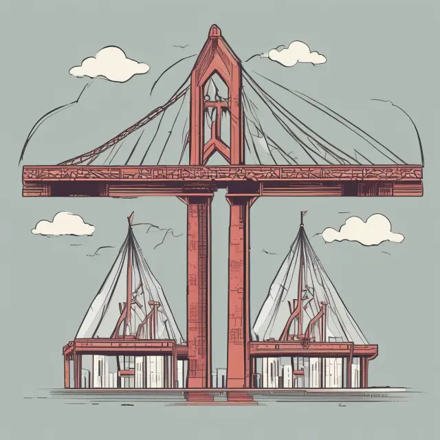An intricate bridge connecting interest coverage ratios to debt & equity symbols, illustrating their influence on capital structure decisions.