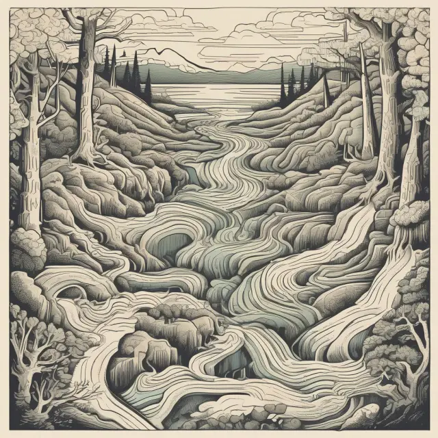 A balanced scale with balance sheets on one side, an income statement on the other, connected by a flowing river signifying interest expenses.