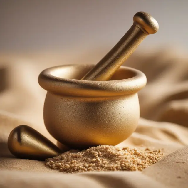 Golden mortar and pestle representing mortgage interest, with sands of time illustrating inflation