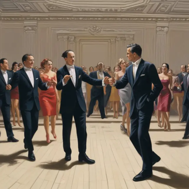 A ballet-dancing pair symbolizing collar strategies, with an interest rate put and call option intertwined, forming a protective dance against financial turbulence