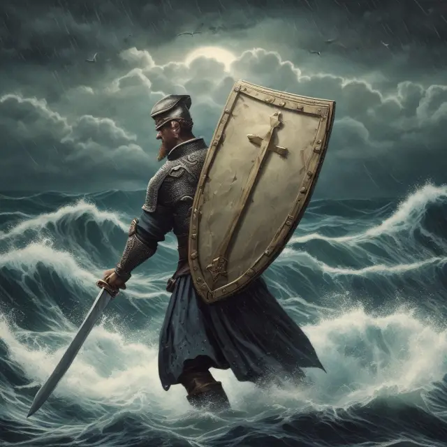 A shield and sword in a turbulent ocean symbolizing interest rate caps and floors. Caps protect from rising rates, while floors safeguard against falling ones.