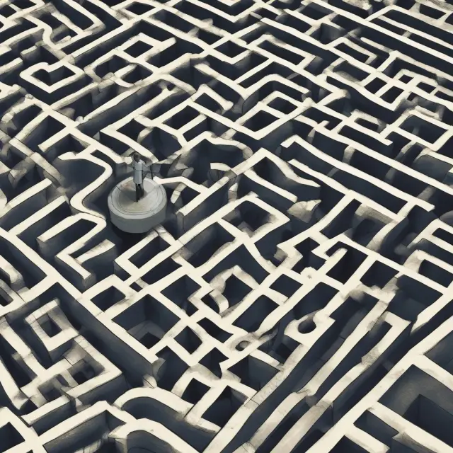 Artwork depicting an investor in a labyrinth, surrounded by interconnected interest rate option contracts and an hourglass to symbolize time limitations