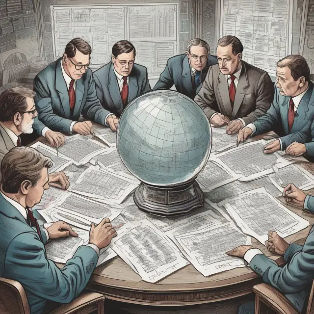 Institutional investors learning about interest rate options surrounded by literature and financial visualizations