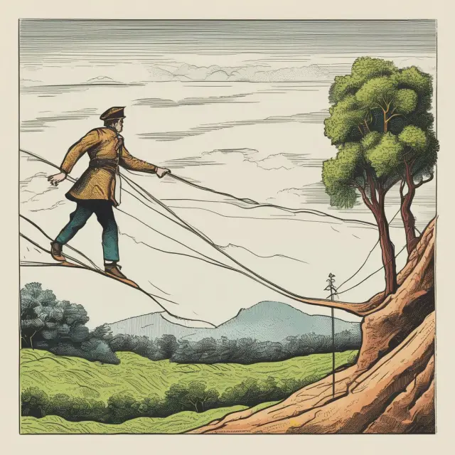 A person on a tightrope balances bonds of varying maturities while using hedging tools to manage interest rate risks