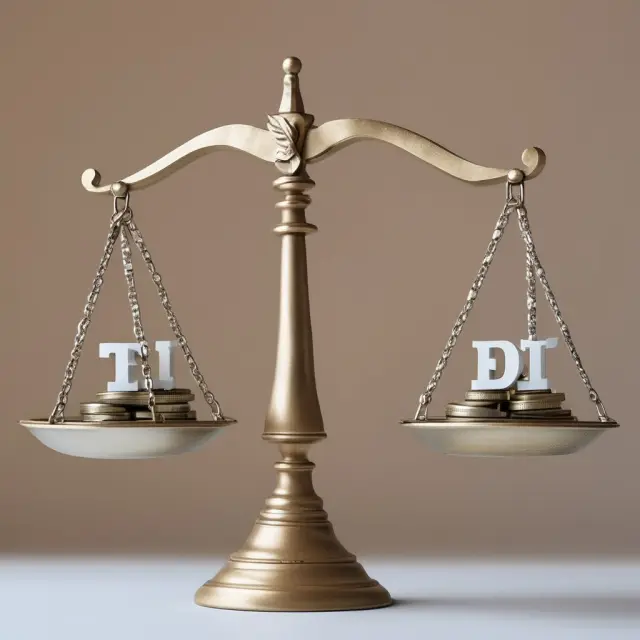 A pair of balances tips towards each other with labels 