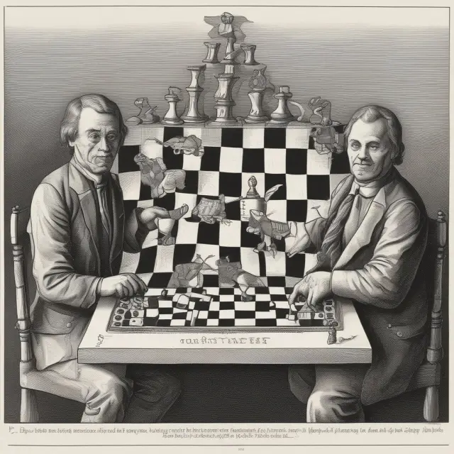 Two players engaging in an interest rate swap agreement, with floating-rate notes (FRNs) as their pieces on a chessboard, representing the exchange of fixed and floating payments.