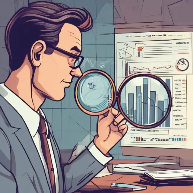 An institutional investor uses a magnifying glass to analyze interim statements, comparing data across reports and graphs for better investment decisions