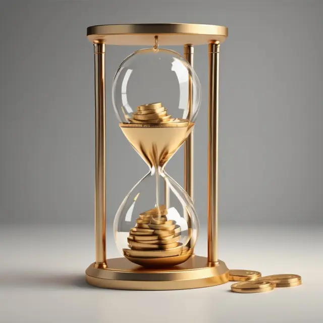 Golden interim dividend coin flowing into a glass hourglass representing the intermediate financial reports