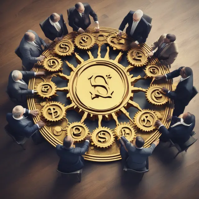 Boards deliberating over interim dividend release, with golden coins representing payments to shareholders