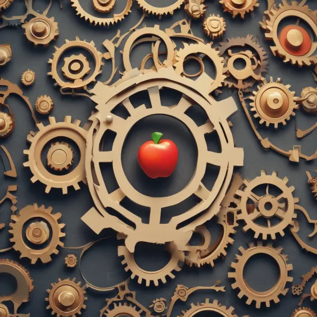 Interconnected gears illustrate intermediate goods, apples depict consumer goods, while factories create capital goods in this economic production scenario