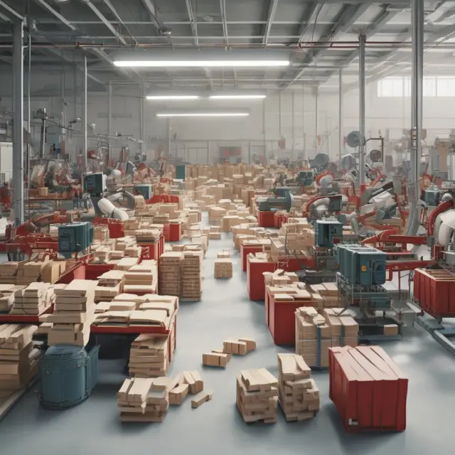 A metaphorical image of industries working together around a table, converting various intermediate goods into new products, emphasizing their interdependence and economic connection.