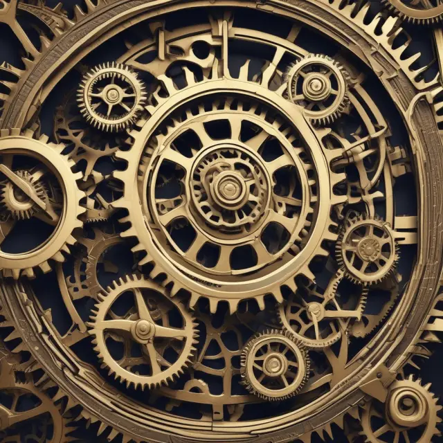 An elaborate clock mechanism with intermediate gears influencing the hands representing GDP and GNP