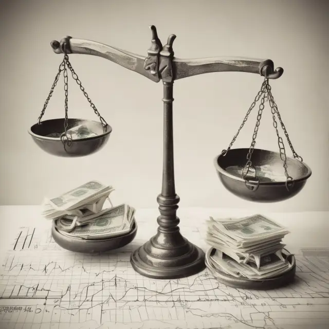 A balance scale with market graphs representing cost of equity and debt interest, while WACC determines the equilibrium.