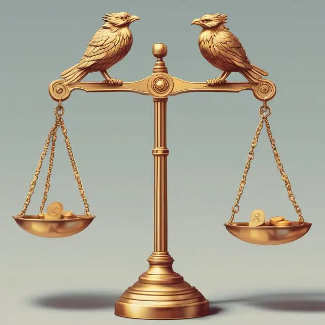 A golden phoenix arises above two coins with labels