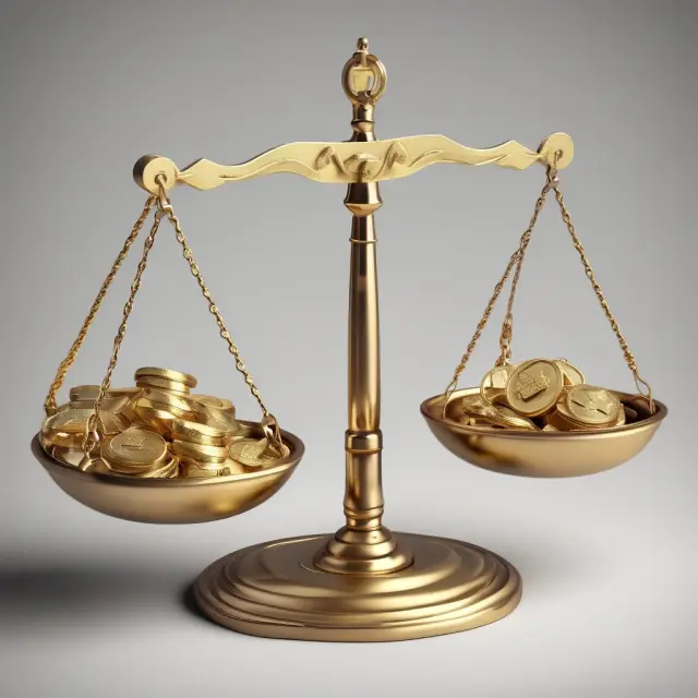 A balance with gold coins on each side and intricately designed gears symbolizing the internal rate of return (IRR) rule in investment decision-making.