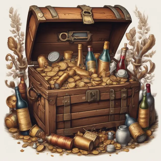 A treasure chest filled with gold coins labeled