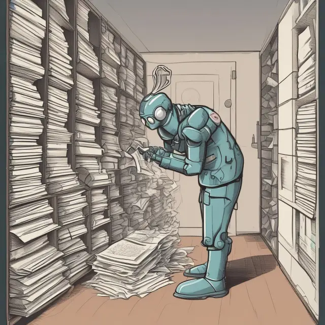 Robot inspector sifting through corporate documents in a labyrinthine maze, maintaining regulatory compliance