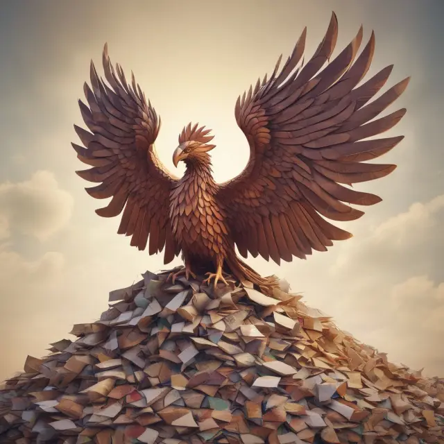 A phoenix rises from a pile of recycled papers, representing the transformative power of internal environmental audits in promoting eco-friendly business practices.