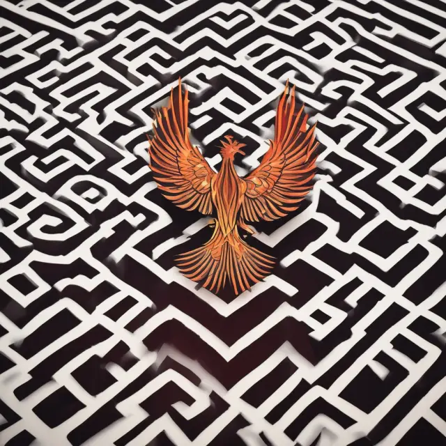 Phoenix emerging from data maze, representing performance audits improving organizational outcomes.