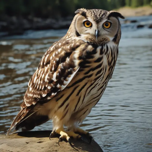 An operational owl evaluating workflows along a flowing river, representing the ongoing process of improving business efficiency and effectiveness.