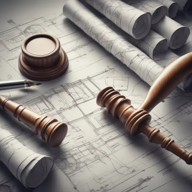 An auditor wielding a gavel hovers over blueprints, symbolizing the meticulous process of ensuring project success and financial integrity through rigorous construction audit procedures.