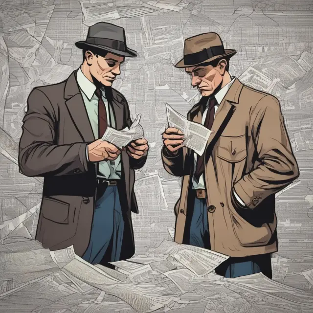 Detectives investigating unique business circumstances, examining intricate threads to reveal the truth