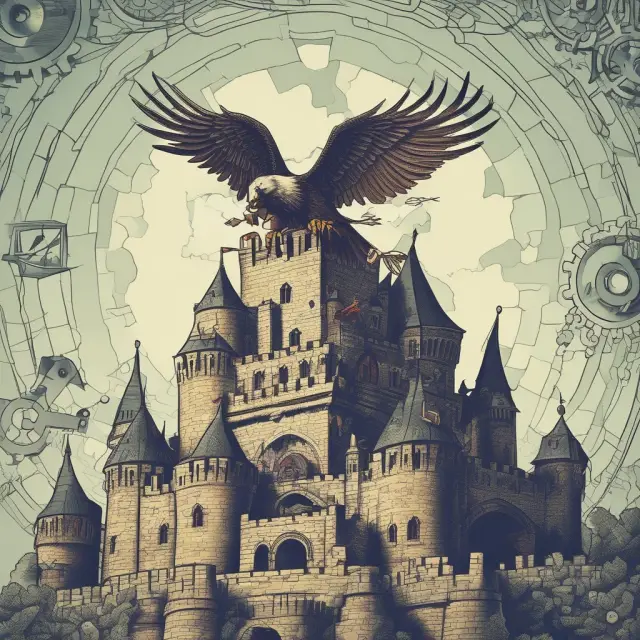 Eagle flying above a castle with interconnected gears representing the crucial role of internal auditors in evaluating and strengthening internal controls.