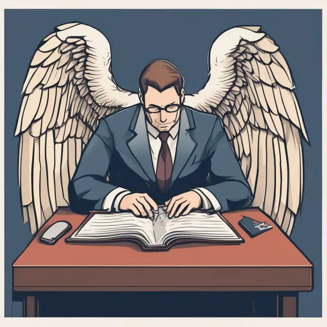 An internal auditor, portrayed as a guardian angel, reviewing financial records, conducting interviews, and assessing physical assets to protect the company