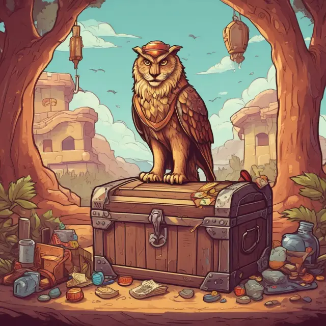 A protective lion standing by a treasure chest represents preventative controls, while an observant owl overhead symbolizes detective controls.