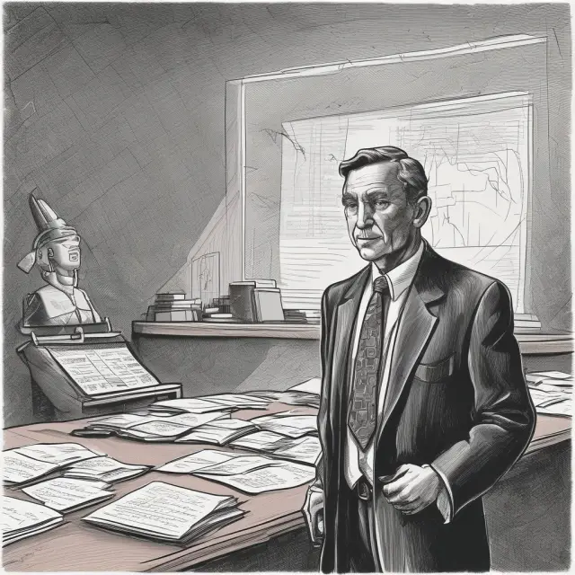 A vigilant internal auditor standing between the maze of financial reports and regulatory requirements, ensuring transparency, efficiency, and compliance.