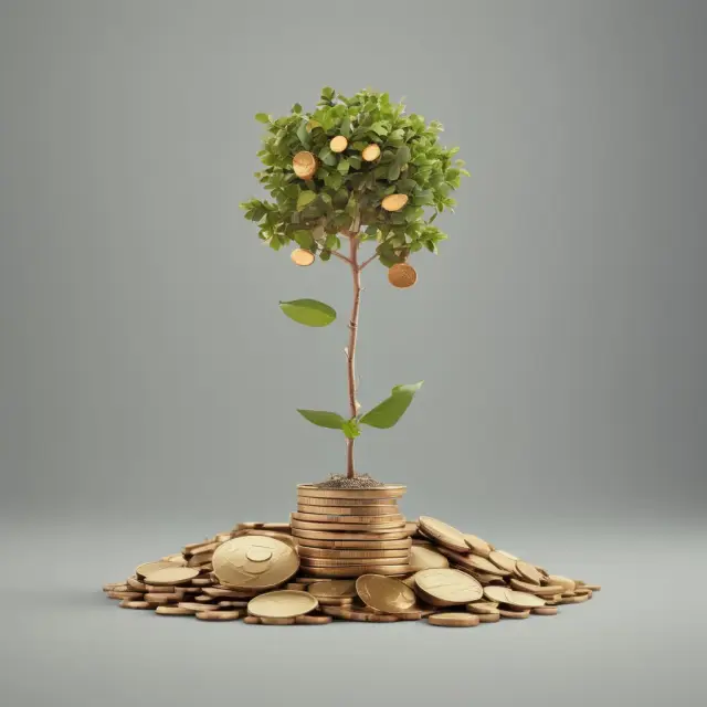 A tree sprouting from a pot filled with gold coins symbolizing a company