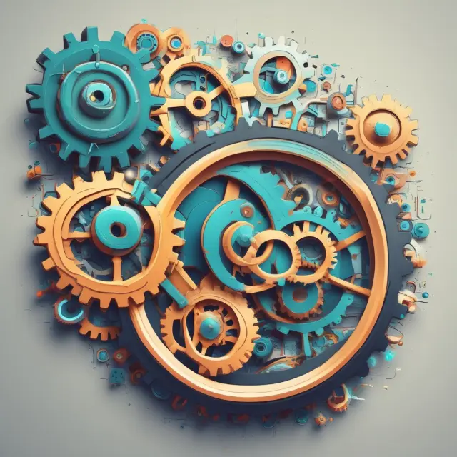 Gears representing internal transactions, production processes, financing, and trading, turning in harmony within a well-oiled business machine